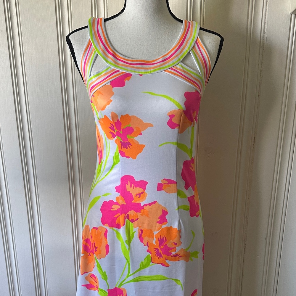 Gretchen Scott Iconic Iris Sleeveless Dress with Pink and Orange Accents Size XS